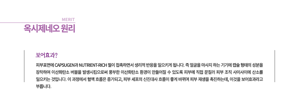-옥시제네오 원리
보어효과?
피부표면에 Capsugen과 nutrient-rich 젤이 접촉하면서 생리적 반응을 일으키게 됩니다. 즉 얼굴을 마사지 하는 기기에 캡슐 형태의 성분을 장착하여 이산화탄소 버블이 발생시켜 풍부한 이산화탄소 환경이 만들어질 수 있도록 피부에 직접 문질러 피부 조직 사이사이에 산소를 일으키는 것입니다. 이 과정에서 혈액 흐름을 증가되고, 피부 세포의 신진대사 흐름이 좋게 바뀌며 피부 재생을 촉진하는데, 이것을 보어효과라고 부릅니다.

