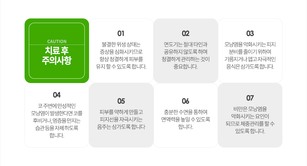 모낭염 치료 후 주의사항
① 불결한 위생 상태는 증상을 심화시키므로 항상 청결하게 피부를 유지 할 수 있도록 합니다.
② 면도기는 절대 타인과 공유하지 않도록 하며 청결하게 관리하는 것이 중요합니다.
③ 모낭염을 악화시키는 피지 분비를 줄이기 위하여 기름지거나 맵고 자극적인 음식은 삼가도록 합니다.
④ 코 주변에 만성적인 모낭염이 발생한다면 코를 후비거나, 염증을 만지는 습관 등을 자제 하도록 합니다.
⑤ 피부를 약하게 만들고 피지선을 자극시키는 음주는 삼가도록 합니다.
⑥ 충분한 수면을 통하여 면역력을 높일 수 있도록 합니다.
⑦ 비만은 모낭염을 악화시키는 요인이 되므로 체중관리를 할 수 있도록 합니다.
